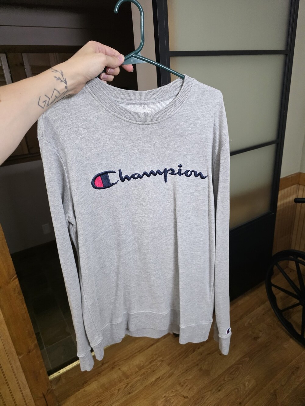 Champion Light Gray Crewneck Sweatshirt with Navy & Pink Logo